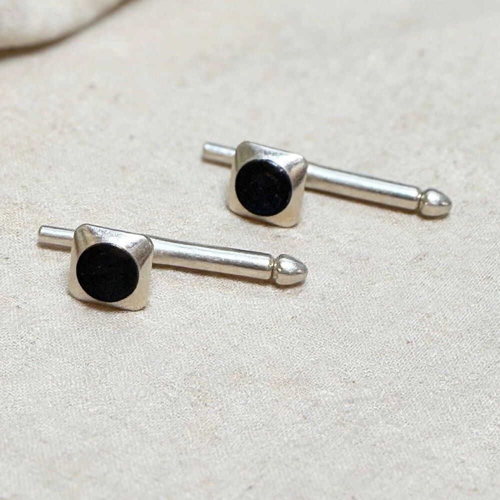 Vintage Silver Tone Black Dot Square Cufflinks Small Toggle Back